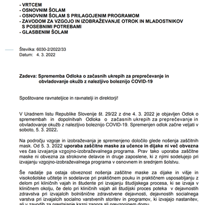 Sprememba Odloka o začasnih ukrepih za preprečevanje in obvladovanje okužb z nalezljivo boleznijo COVID-19 (maske)